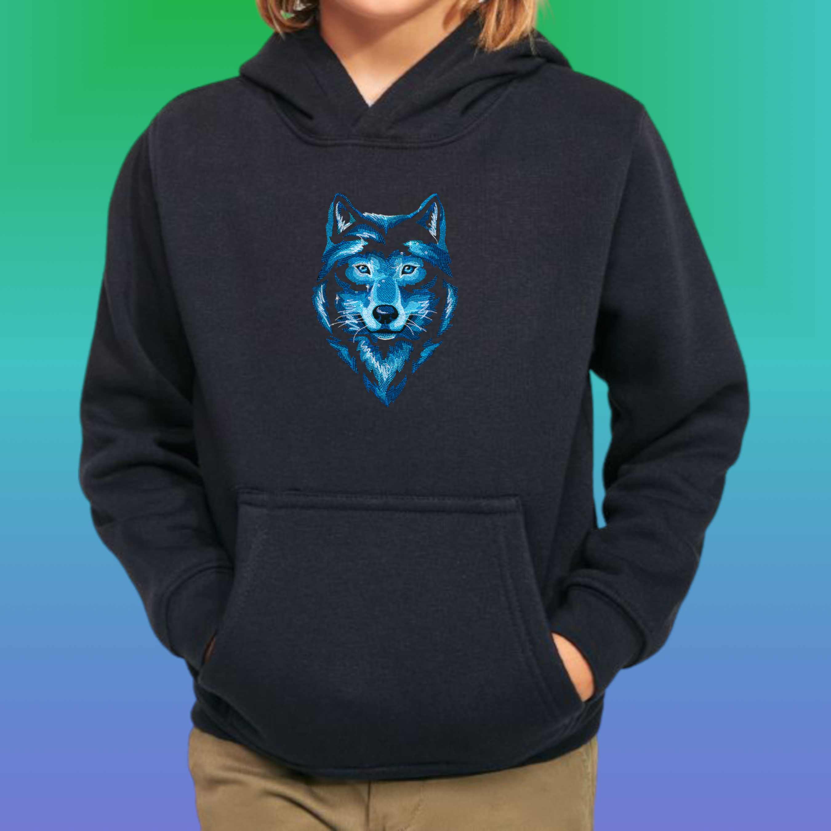 Spect_wolf_black_hoodie Детско худи с бродерия Грандиозен вълк