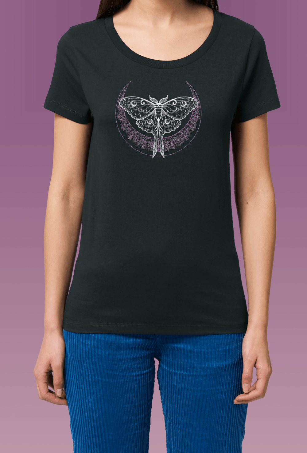 mehndi_luna_black_shirt Дамска тениска с бродерия Лунна пеперуда