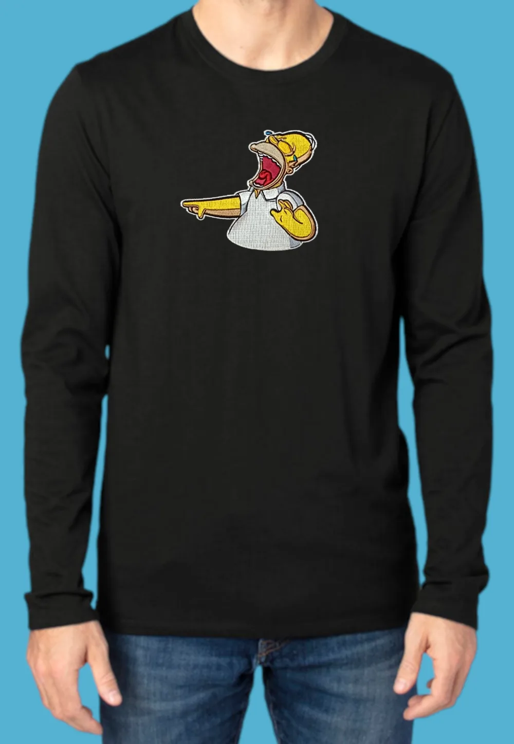 homer_haha_men_black_tshirt_long Мъжка тениска с бродерия Хоумър Симпсън
