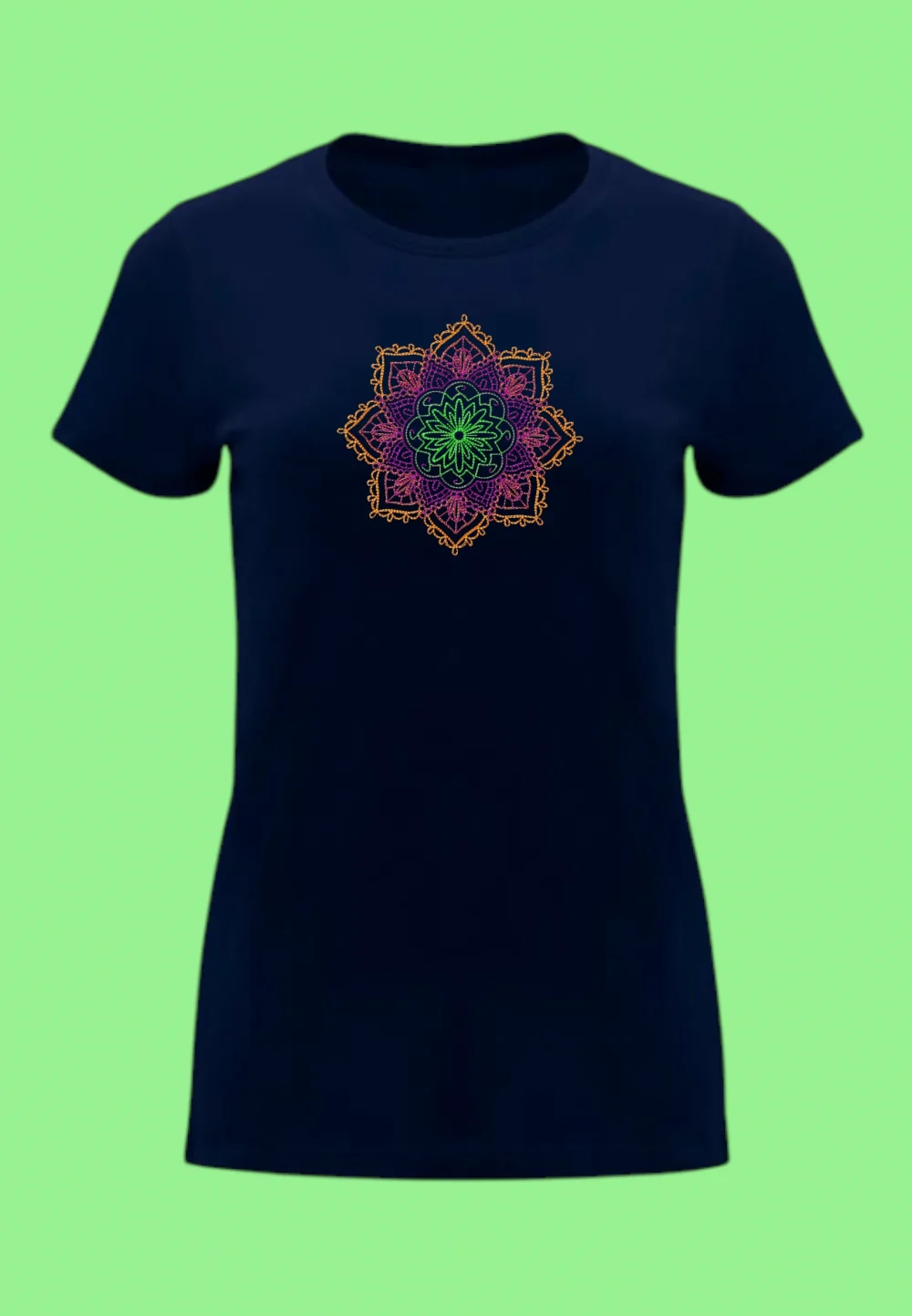 mendhika_medalion_deep_navy_woman Дамска тениска с бродерия Мандала медальон, дамска тениска за подарък, тениска с мандала, бродерия мандала