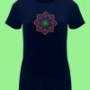 mendhika_medalion_deep_navy_woman Дамска тениска с бродерия Мандала медальон, дамска тениска за подарък, тениска с мандала, бродерия мандала