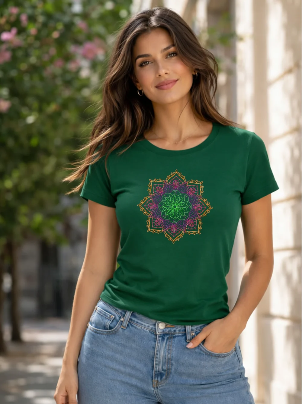 mendhika_medalion_woman_bottle_green_shirt дамска тениска с бродерия мандала в зелен цвят, bottle green