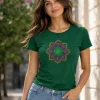 mendhika_medalion_woman_bottle_green_shirt дамска тениска с бродерия мандала в зелен цвят, bottle green