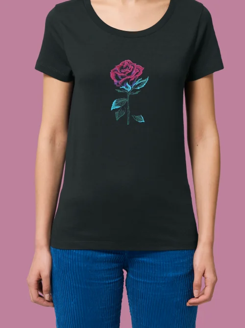 romantic_rose_woman_black_shirt Тениска с роза – дамска блуза с цветна бродерия Романтична роза