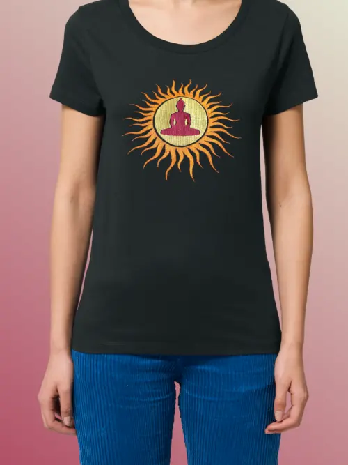 sun_budha_woman_black_shirt Дамска тениска с бродерия Слънце Буда